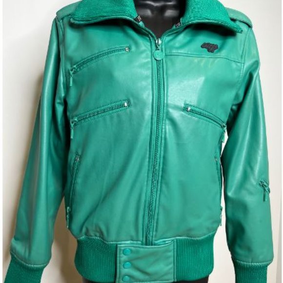 Neff Womens Front Zip Faux Leather Jacket Ribbed Cuff Long Sleeve Size S Green - Picture 1 of 6
